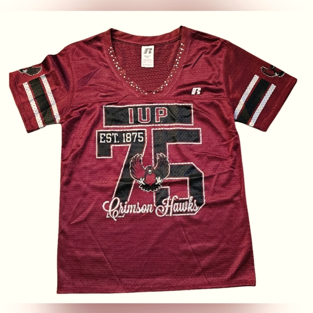IUP Rhinstone Football Mesh Jersey Top Shirt Indiana University Small College